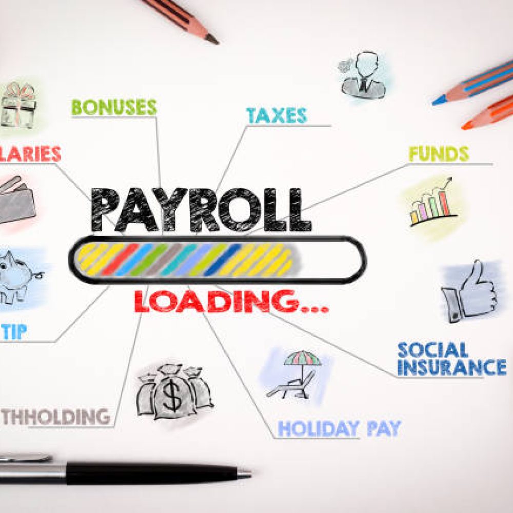 Payroll, work, opportunities, finance and insurance concept. Chart with keywords and icons on white background